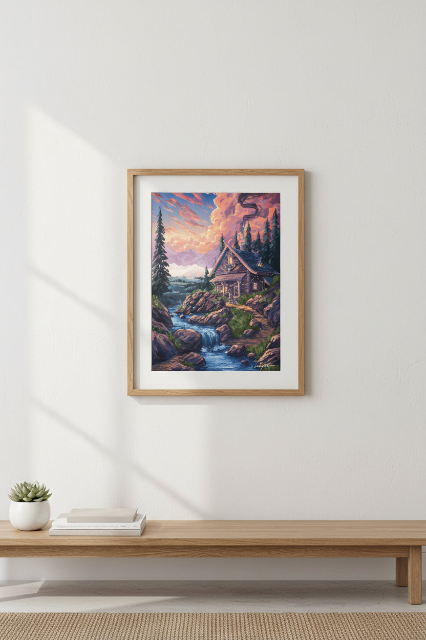 Painting of a cabin in the woods with a stream and mountains in the background