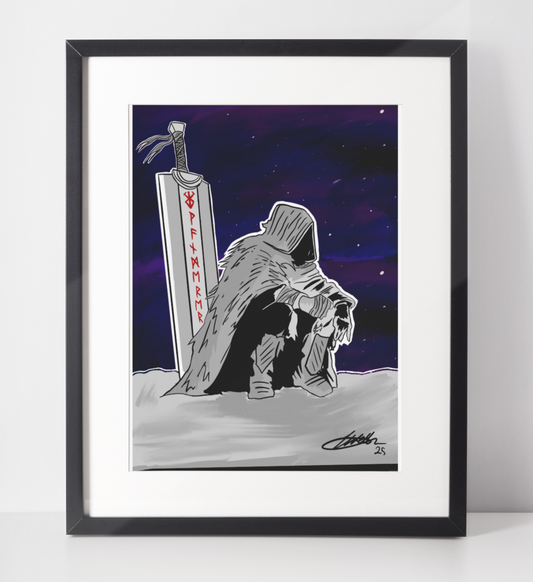 Framed artwork of a character holding a sword with a sign on a white surface